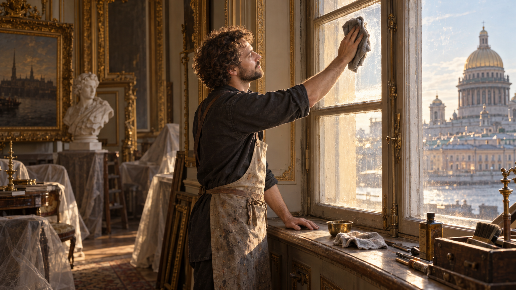 Реставратор восстанавливает историческое деревянное окно прямо на объекте в Санкт-Петербурге
